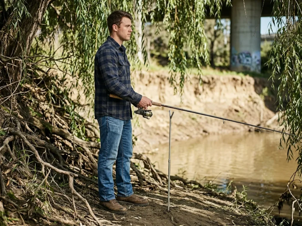 Angler using functional short rod and baitrunner reel in dense cover.