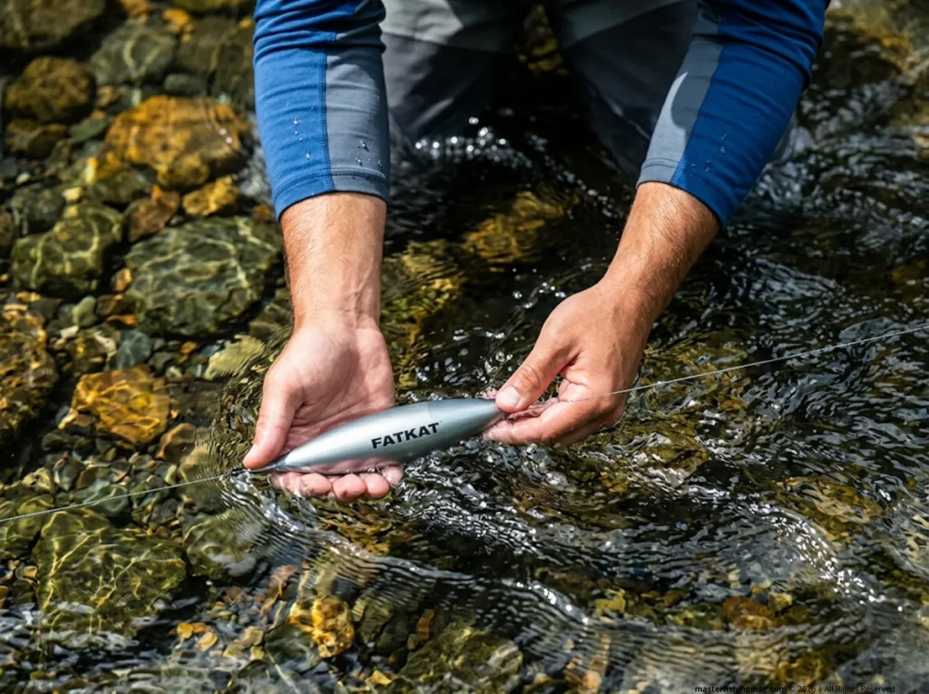 Close-up of angler holding an aerodynamic float in river current to demonstrate float hydrodynamics and form drag. 