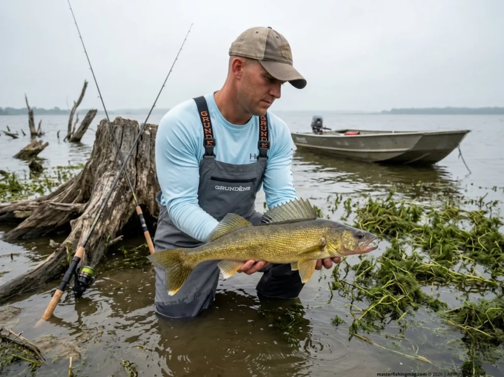 Reservoir guide holding a large healthy yearling walleye demonstrating the size class stocking equation
