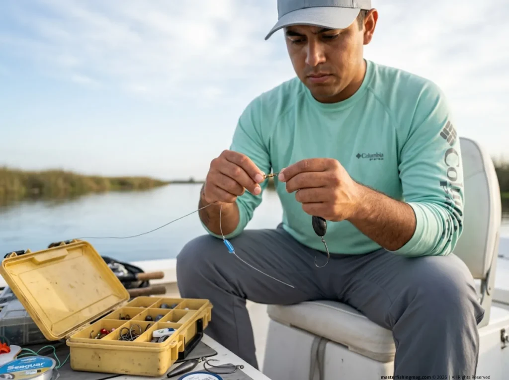 Fisherman tying a sliding sinker rig with fluorocarbon leader for striped bass.