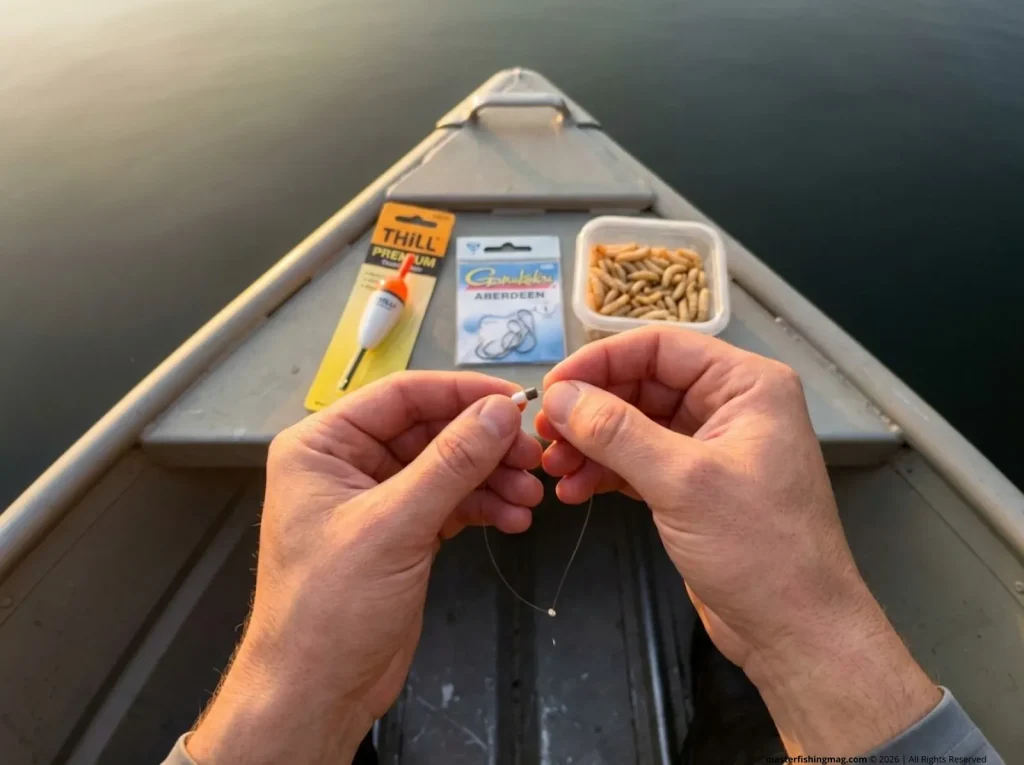 Angler's hands rigging a slipfloat rig for pre-spawn panfish with Thill float and Aberdeen hooks