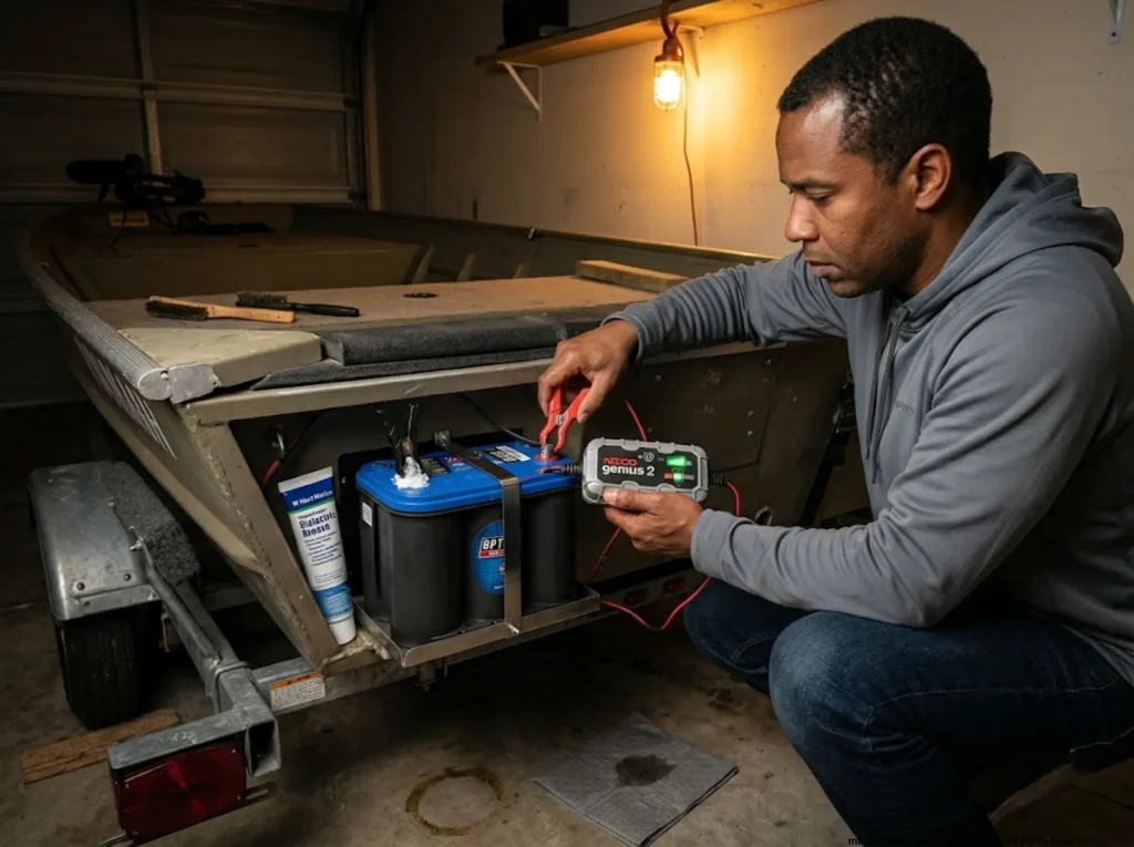 Angler connecting NOCO smart charger to Optima marine battery in boat console during winter storage preparation