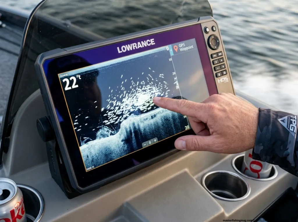 Close-up of Lowrance fish finder showing bass over a deep ledge at 22 feet with GPS waypoint marked