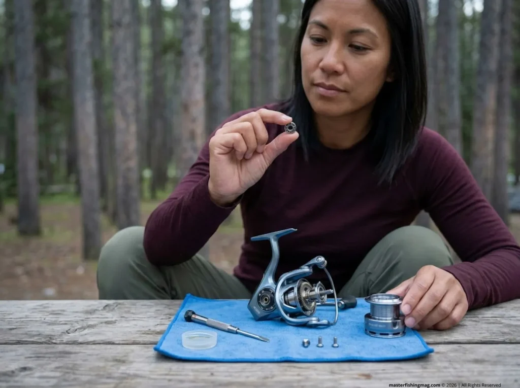 Angler inspecting spinning reel ball bearing from Abu Garcia Revo SX at campsite table