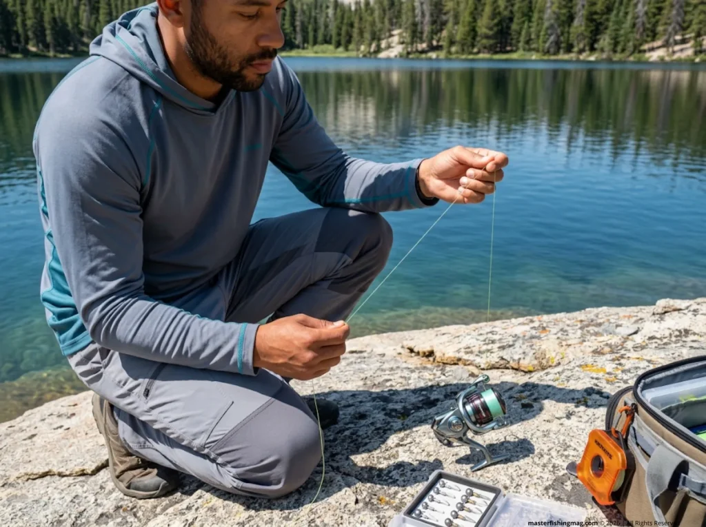 Angler running fingers along spinning reel braid to diagnose line twist before casting
