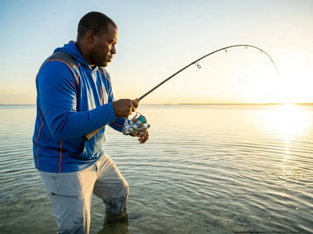 Angler fighting large fish on inshore saltwater flats using Shimano Stradic spinning reel