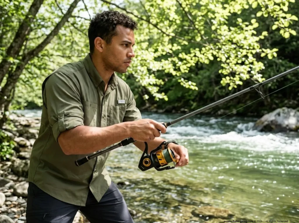 Angler rapidly retrieving line with Penn Spinfisher spinning reel on a freshwater river bank