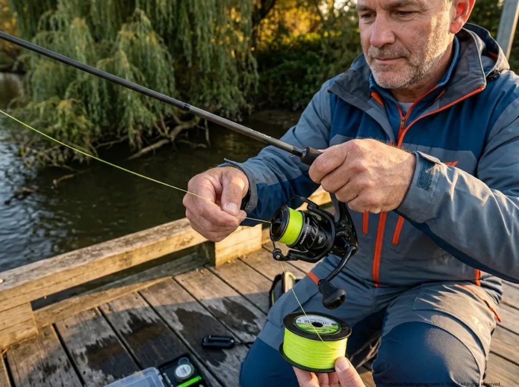 Experienced angler hand-spooling braided line onto KastKing Sharky III spinning reel at dock