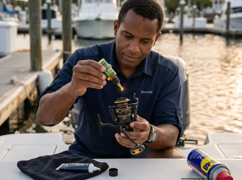 Angler applying Inox MX3 lubricant drop to Penn spinning reel line roller for saltwater maintenance