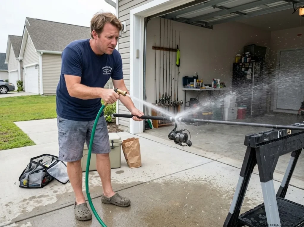 Angler hosing saltwater spinning reel with high-pressure stream — common maintenance mistake to avoid