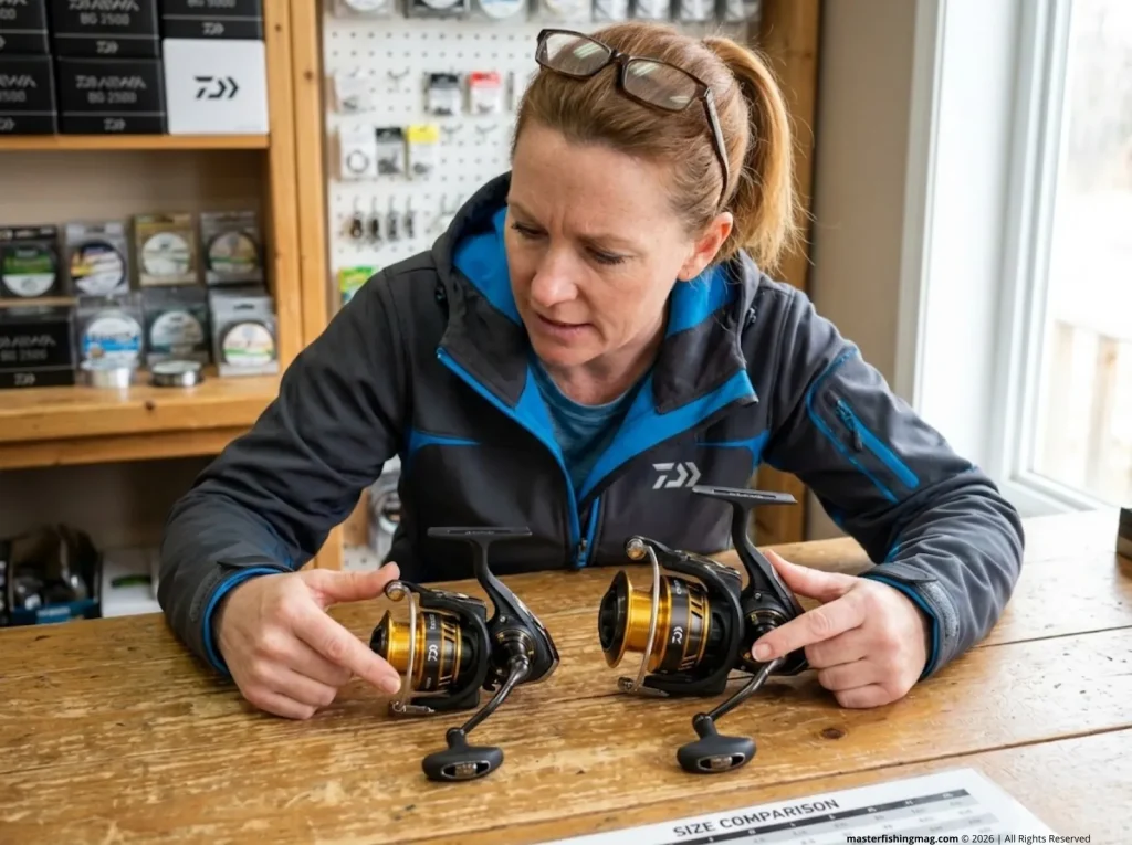 Angler comparing two Daiwa BG spinning reels of different sizes on tackle shop counter