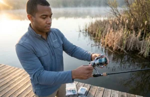 Those Numbers on Your Spinning Reel Finally Make Sense Angler reading spinning reel specs label at lakeside dock at sunrise — Shimano Stradic 2500
