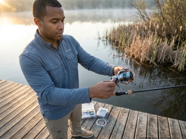 spinning-reel-specs-beginners-hero Angler reading spinning reel specs label at lakeside dock at sunrise — Shimano Stradic 2500