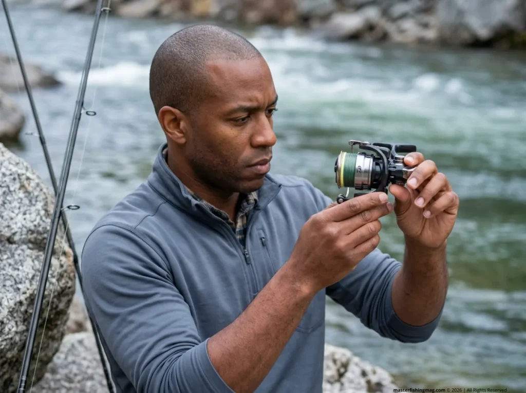 Angler inspecting Daiwa spinning reel spool lip friction point at rocky riverbank