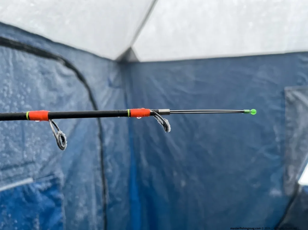 Straightened spring bobber detecting neutral winter bluegill and crappie ice fishing tactics