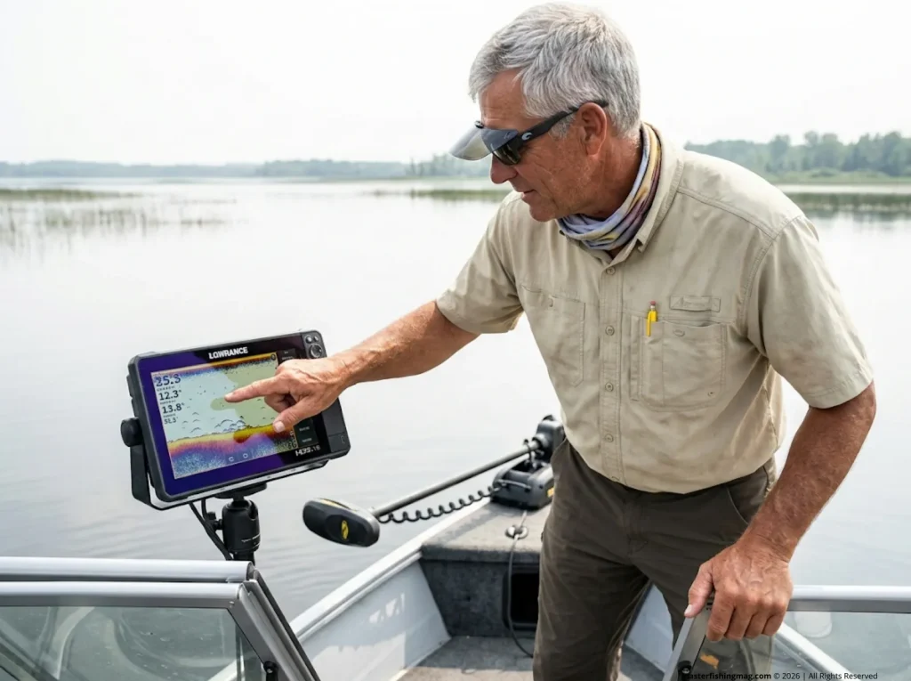 Experienced pike angler using sonar to locate springhole pockets in shallow summer lake    
