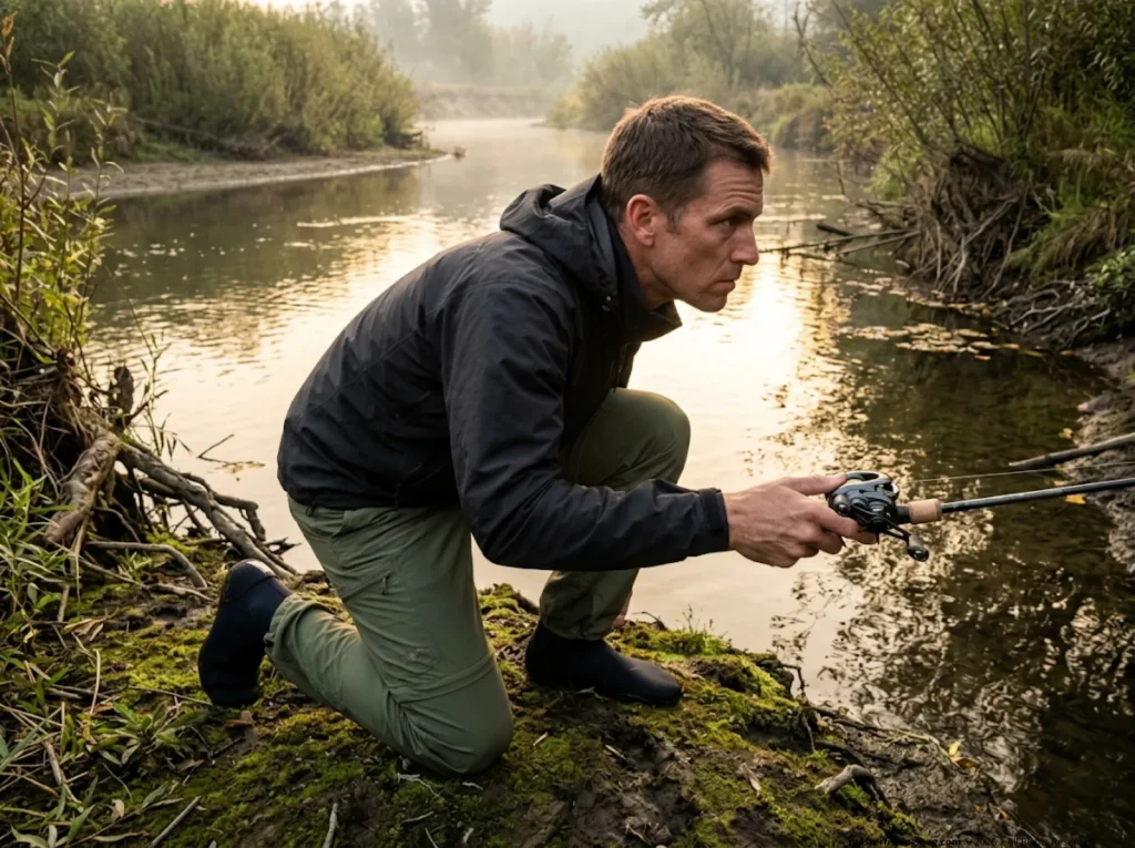 Angler keeping a low profile on a muddy bank to avoid fish detection through Snell's Window.
