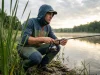 Panfish Fishing Tips For Ponds And Small Lakes (Stealth) Angler crouching low in reeds using stealth tactics for panfish fishing in a small pond