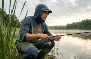 Panfish Fishing Tips For Ponds And Small Lakes (Stealth) Angler crouching low in reeds using stealth tactics for panfish fishing in a small pond