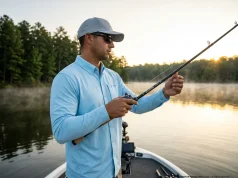 How to Detect Subtle Bites on Soft Plastics Angler detecting a subtle bite with a high modulus graphite rod on a calm lake
