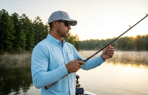 How to Detect Subtle Bites on Soft Plastics Angler detecting a subtle bite with a high modulus graphite rod on a calm lake