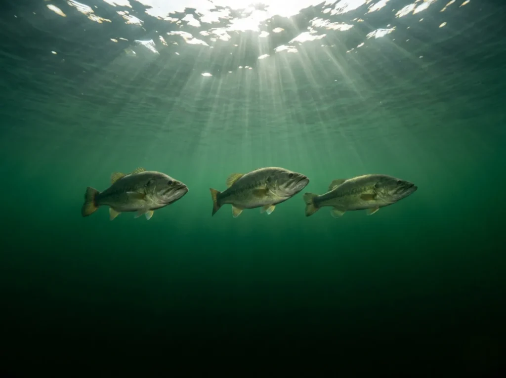Bass suspended just above the thermocline in deep clear water during summer stratification