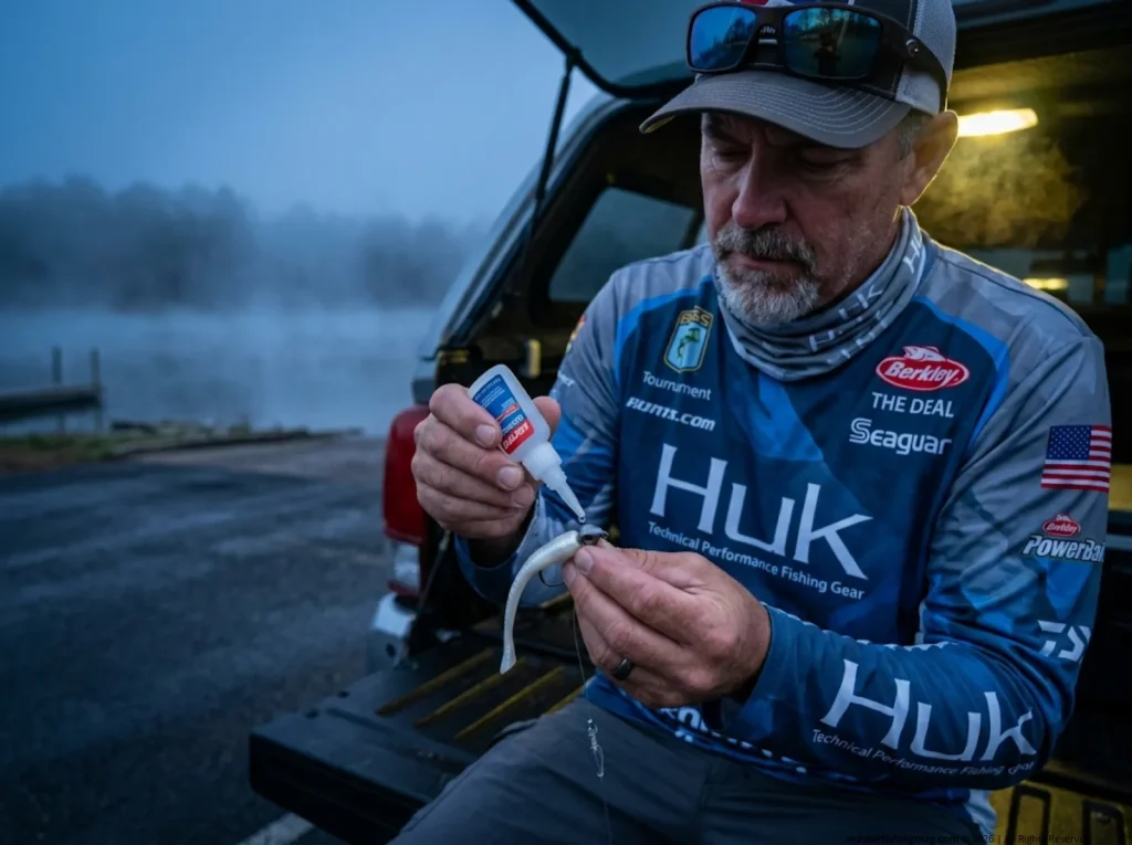 Tournament angler applying super glue to a bladed jig hook keeper.