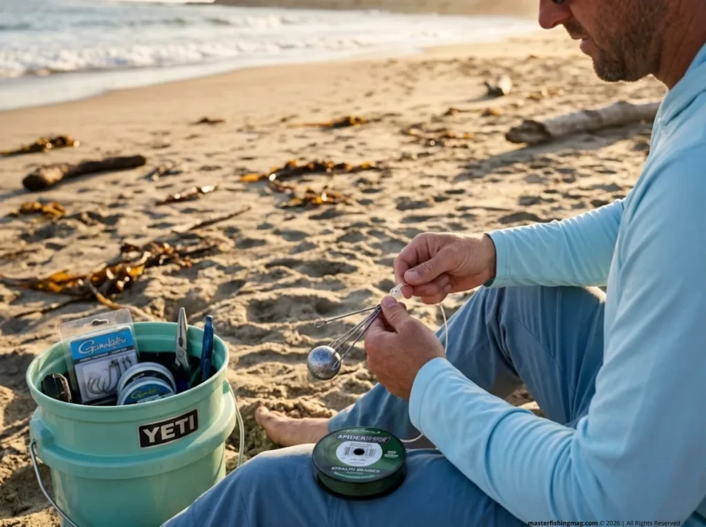 Angler tying a surf fishing rig with a sputnik sinker