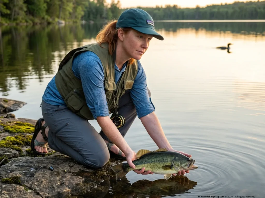 Female angler gently releasing a largemouth bass at northern lake shoreline reflecting on conservation and non-toxic tackle