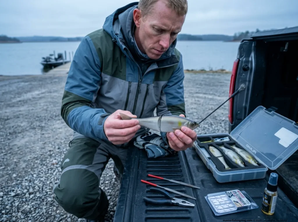 Angler flexing Bull Shad joint hinge at truck tailgate to inspect for defects before fishing