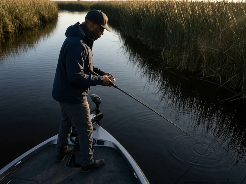 Bass angler executing rod-tip-in-water retrieve technique along tule bank for trophy bass