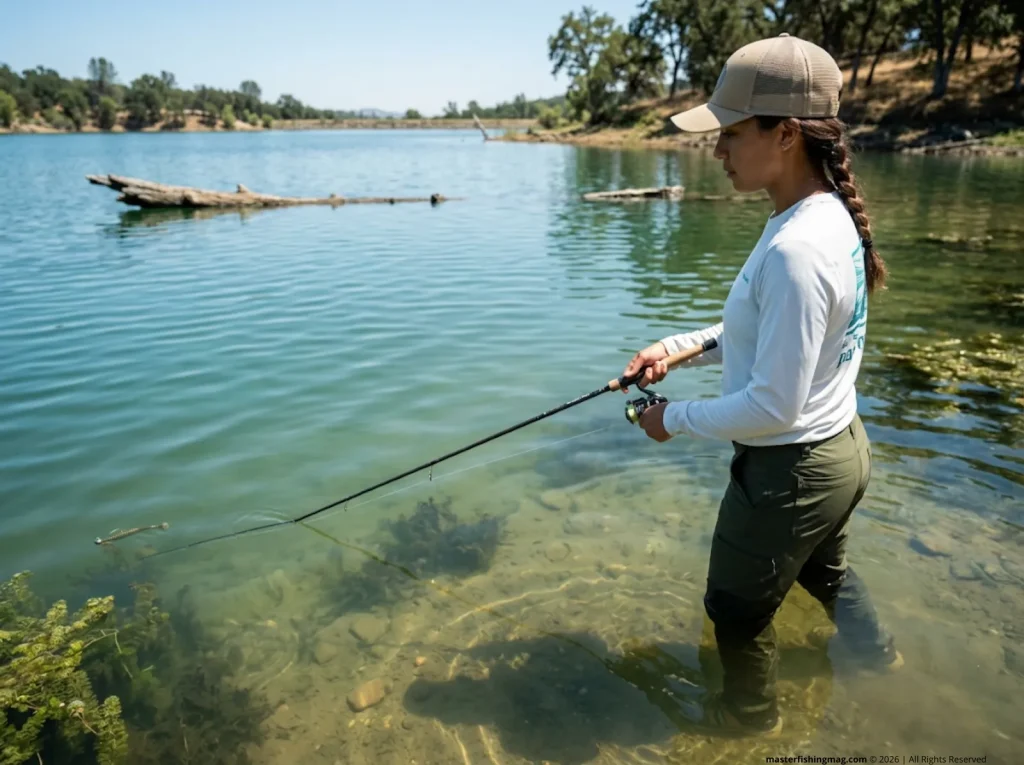 Angler slow-rolling ribbed swimbait with rod tip submerged for bass in grass flat