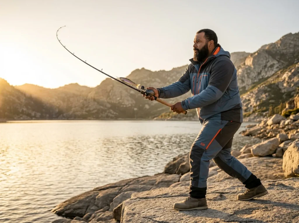 Bass angler loading heavy swimbait rod with Shimano Tranx reel at golden hour on reservoir