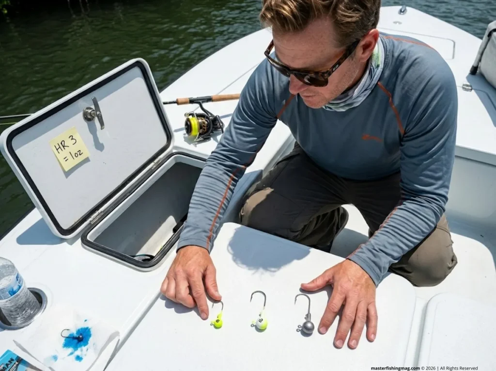 Angler organizing Daiwa-rigged jig heads by weight on skiff deck for tidal velocity phase change