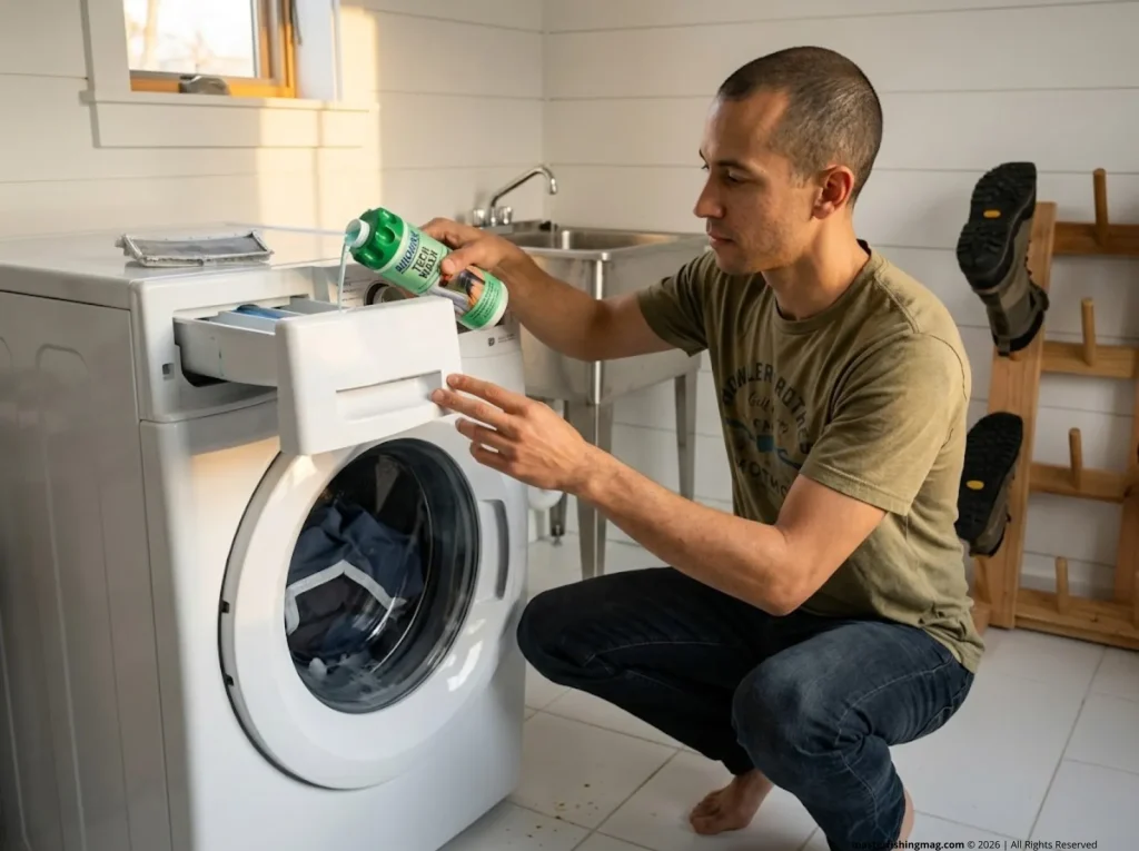 Angler pouring Nikwax Tech Wash into front-loading washing machine to clean Skwala fishing waders