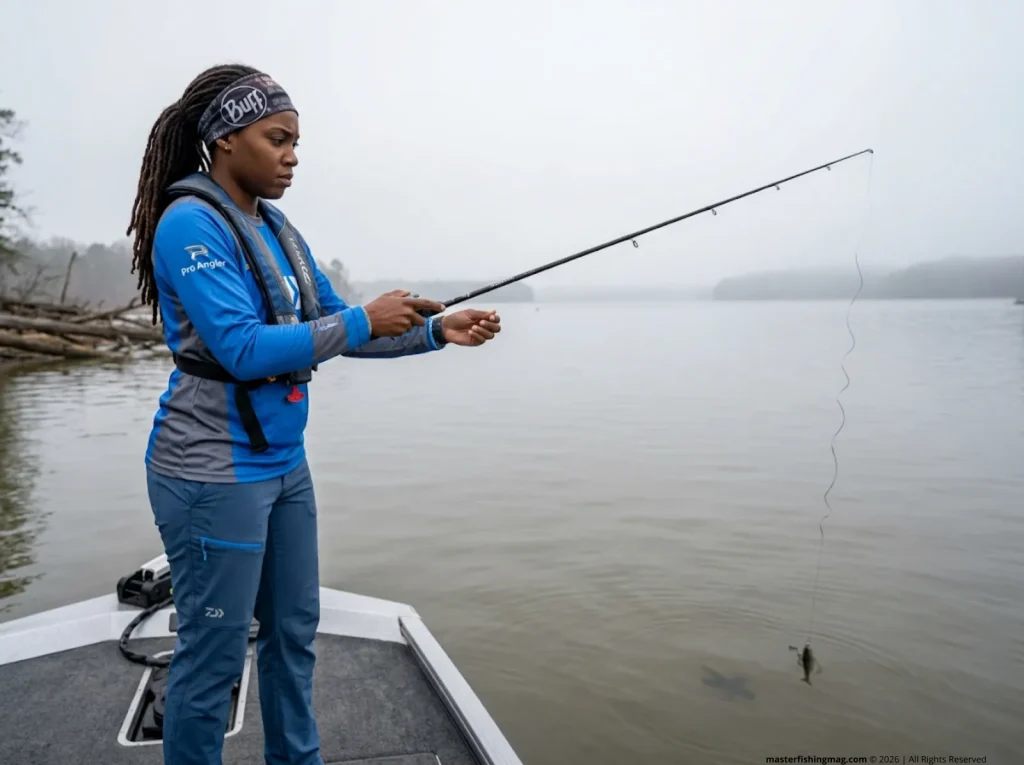Female angler watching twisted fluorocarbon line on Daiwa rod as Texas rig bait spins during fall