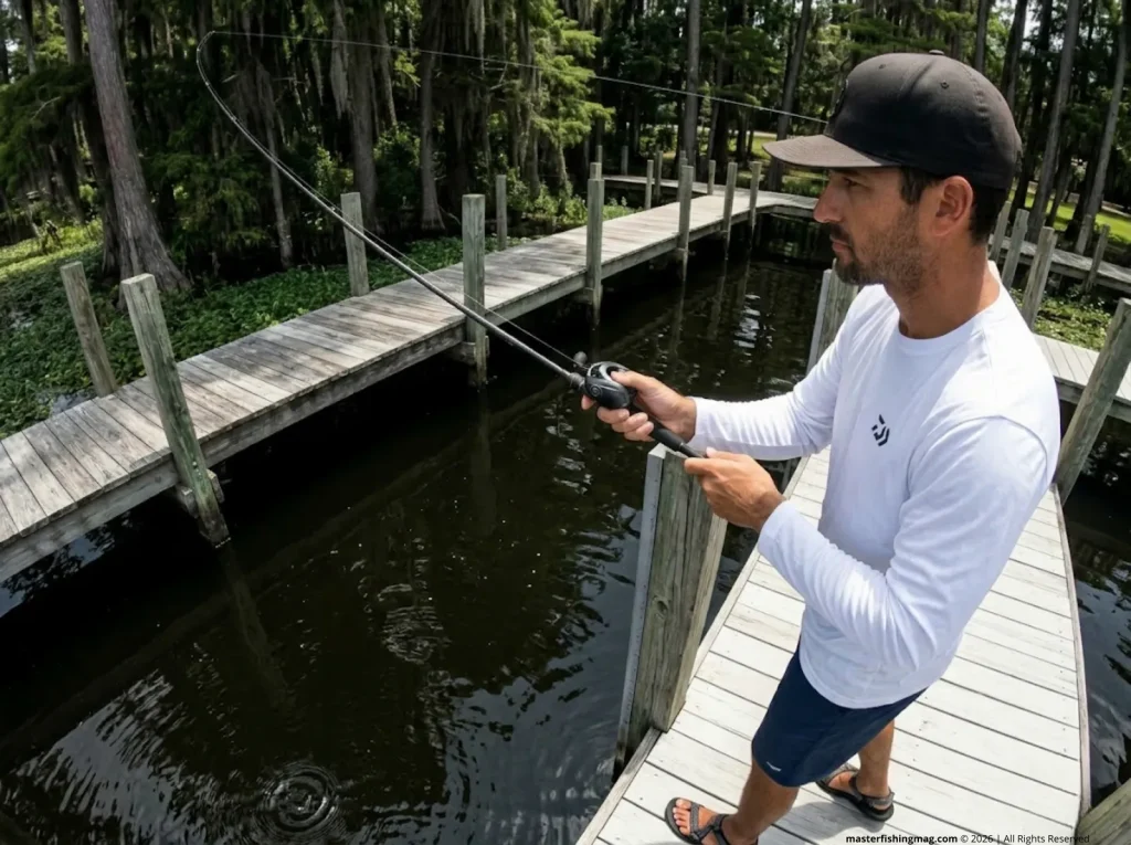 Tournament angler executing precision pitch cast with Daiwa Rebellion toward covered dock on hydrilla-heavy lake