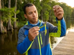Texas Rig Step by Step — What Most Guides Skip Angler inspecting a Texas rig with tungsten weight and VMC hook at golden hour on a cypress lake dock
