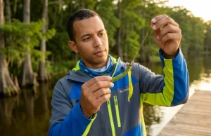 Texas Rig Step by Step — What Most Guides Skip Angler inspecting a Texas rig with tungsten weight and VMC hook at golden hour on a cypress lake dock