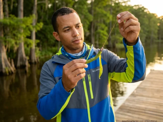 texas-rig-step-by-step-inspection-dock Angler inspecting a Texas rig with tungsten weight and VMC hook at golden hour on a cypress lake dock