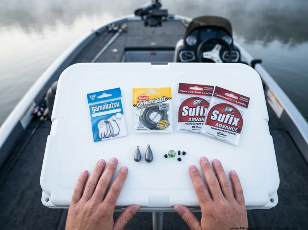 Angler comparing tungsten and lead bullet weights alongside Gamakatsu EWG hooks and Berkley soft plastics at boat console