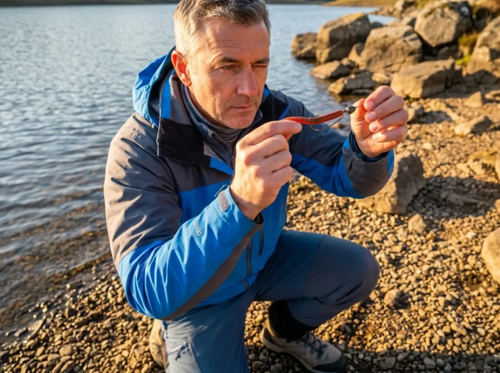 Experienced angler performing Texas rig straightness test at eye level on clear highland reservoir shoreline