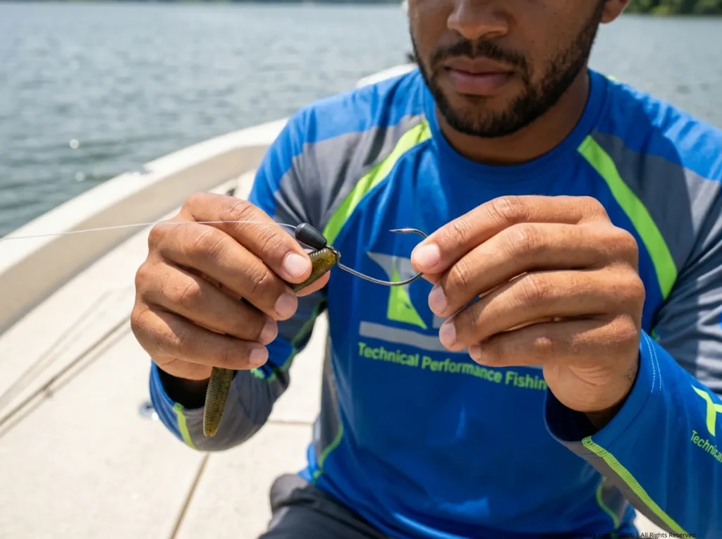 Close-up of angler's hands threading green pumpkin soft plastic onto VMC hook in precise Texas rig nose-insertion step