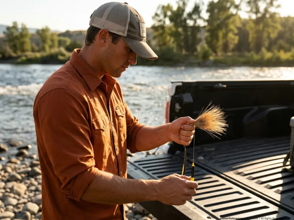 A young fishing guide demonstrating a pinch wrap technique to secure deer hair with high thread tension.