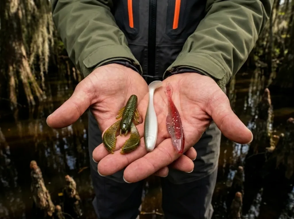 Angler holding a pintail, paddletail, and craw trailer in their hand.