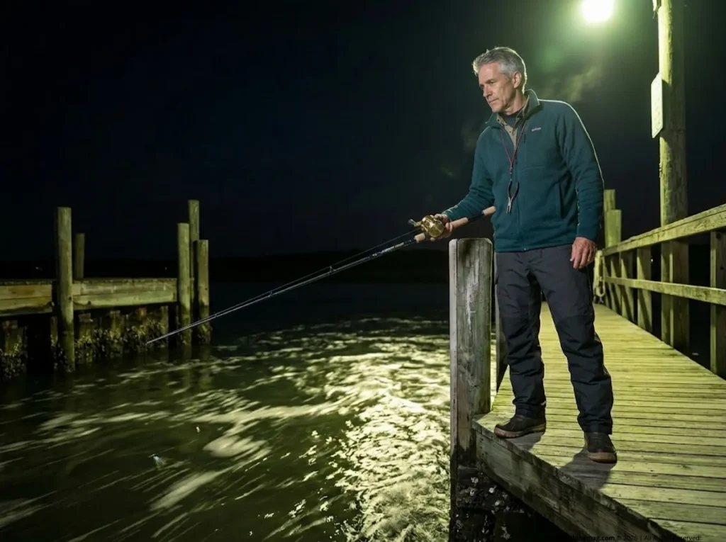 Experienced saltwater angler fishing dock tidal current at night during new moon spring tide