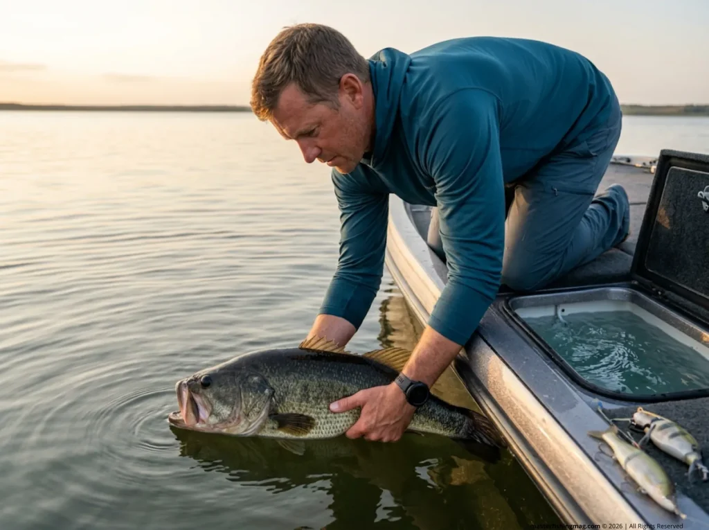 Angler releasing trophy largemouth bass headfirst into lake water using proper catch-and-release technique