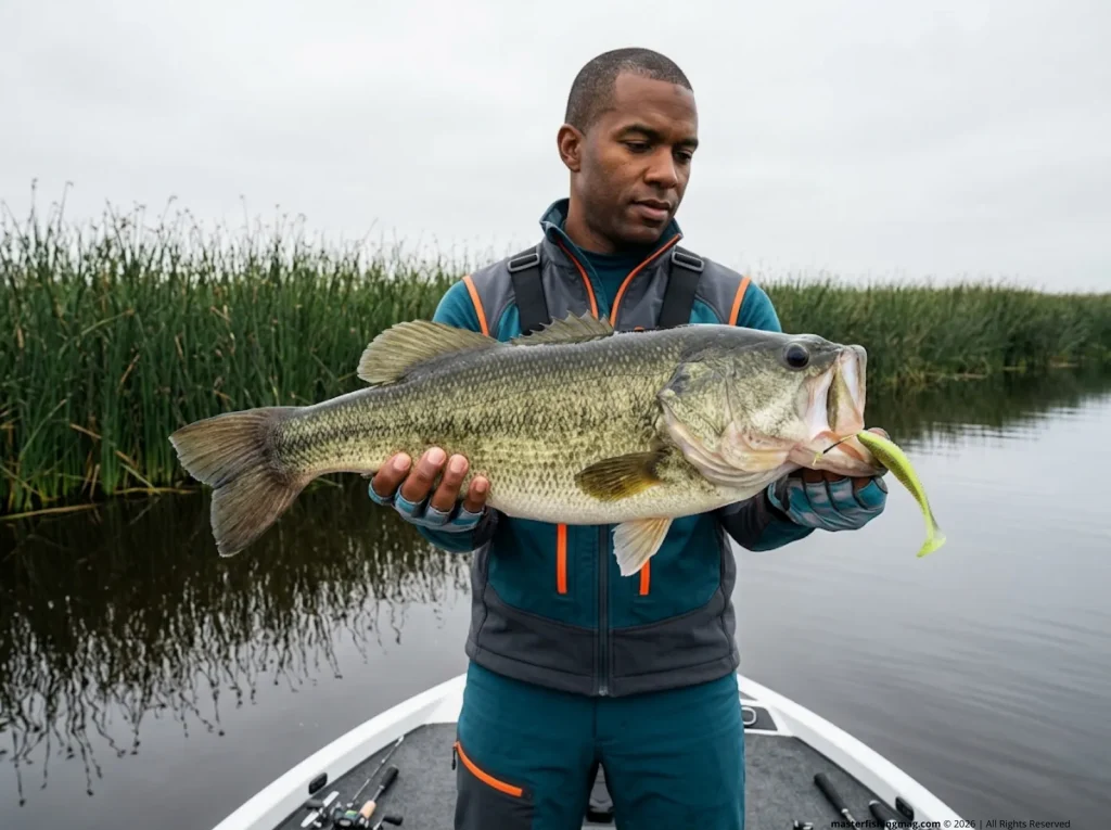 Angler holding large largemouth bass with swimbait in its mouth on California delta