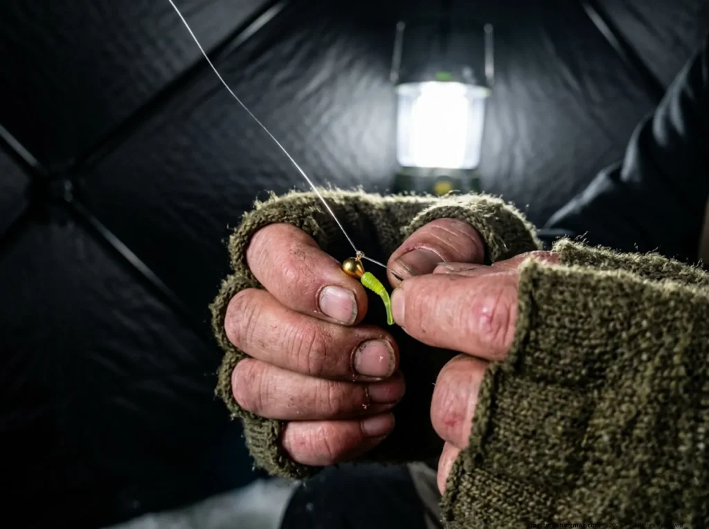 Tying a tungsten jig with fluorocarbon for winter bluegill and crappie ice fishing tactics