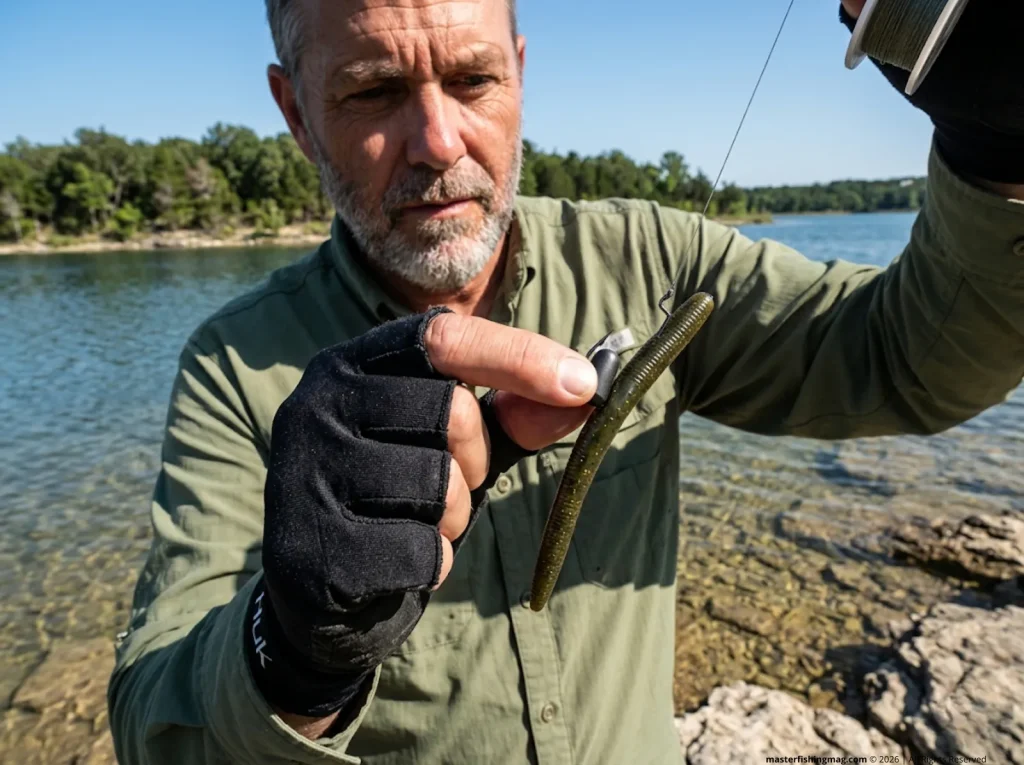 Angler inspecting a dense tungsten weight on a Texas rigged soft plastic